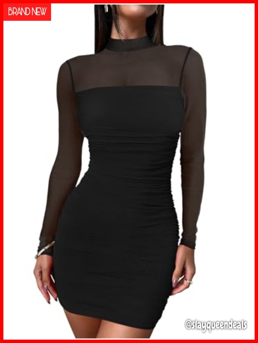 Mesh Long Sleeve Mock Neck Bodycon Mini Dress High Stretch Party Club